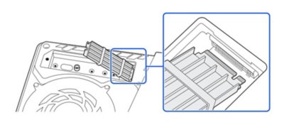 Aanzicht van de uitbreidingssleuf met de M2 SSD diagonaal in het PS5-systeem geplaatst. Inzet toont de uitbreidingsconnector met de inkeping aan de rechterkant.