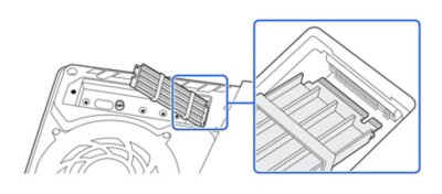 Vue de la fente d'extension avec le disque SSD M.2 inséré en diagonale dans la console PS5. Encart montrant le connecteur d'extension avec l'encoche placée sur la droite.