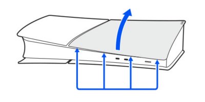Vista laterale di una console PS5 che mostra la posizione delle clip lungo il bordo della copertura, sopra il tasto di accensione. Una freccia indica che la copertura viene sollevata verso l'alto.