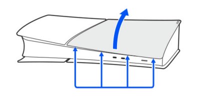 Side view of a PS5 console showing the location of the clips along the edge of the circle cover, above the power button. An arrow shows the cover being lifted upwards.