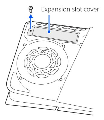 View of the PS5 console with the triangle cover removed. An arrow indicates the expansion slot cover screw being removed.