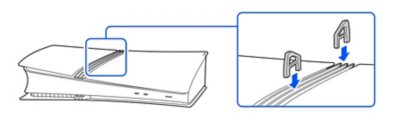 Side view of the PS5 console without a disc drive installed. Inset shows the feet (short) being inserted above the circle cover.