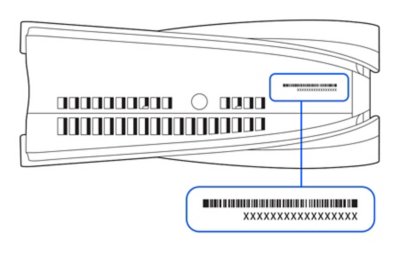 Bottom view of a PS5 console with a callout showing the location of the serial number.