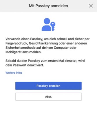 Bildschirm "Mit Passkey anmelden", einschließlich der Schaltfläche "Einen Passkey erstellen".