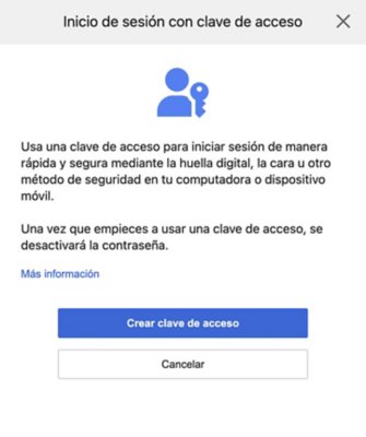 Pantalla "Iniciar sesión con clave de acceso", que incluye el botón "Crear una clave de acceso".