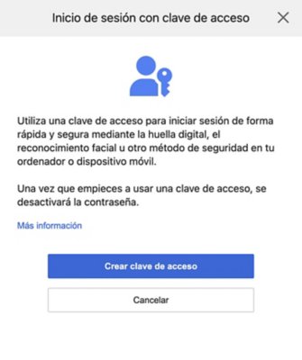 Pantalla "Inicio de sesión con clave de acceso" que incluye el botón "Crear clave de acceso".