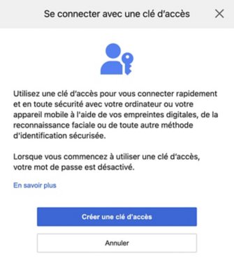 Écran "Se connecter avec une clé d'identification" faisant apparaître un bouton "Créer une clé d'identification".