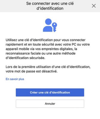 Écran "Se connecter avec une clé d'identification" faisant apparaître un bouton "Créer une clé d'identification".