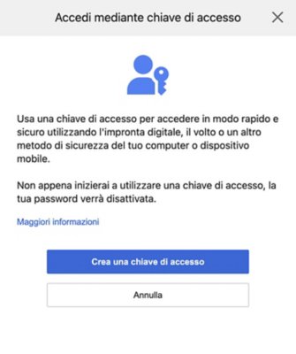 Schermata "Accedi mediante chiave di accesso" con un tasto "Crea una chiave di accesso".