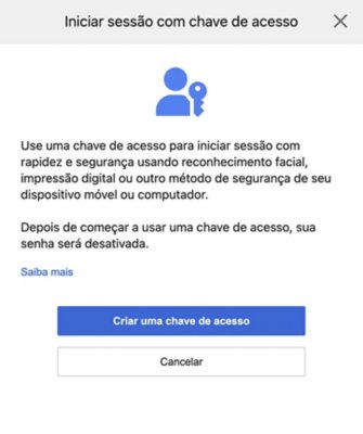 Tela "Iniciar sessão com chave de acesso", incluindo um botão "Criar uma chave de acesso".