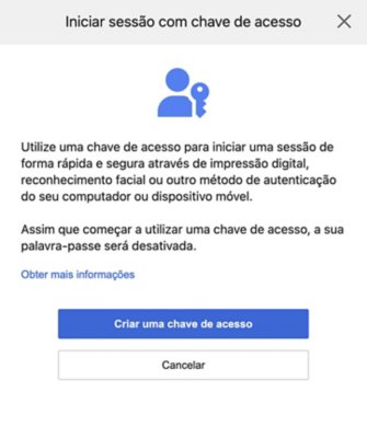 Ecrã "Iniciar sessão com chave de acesso", incluindo um botão "Criar uma chave de acesso".