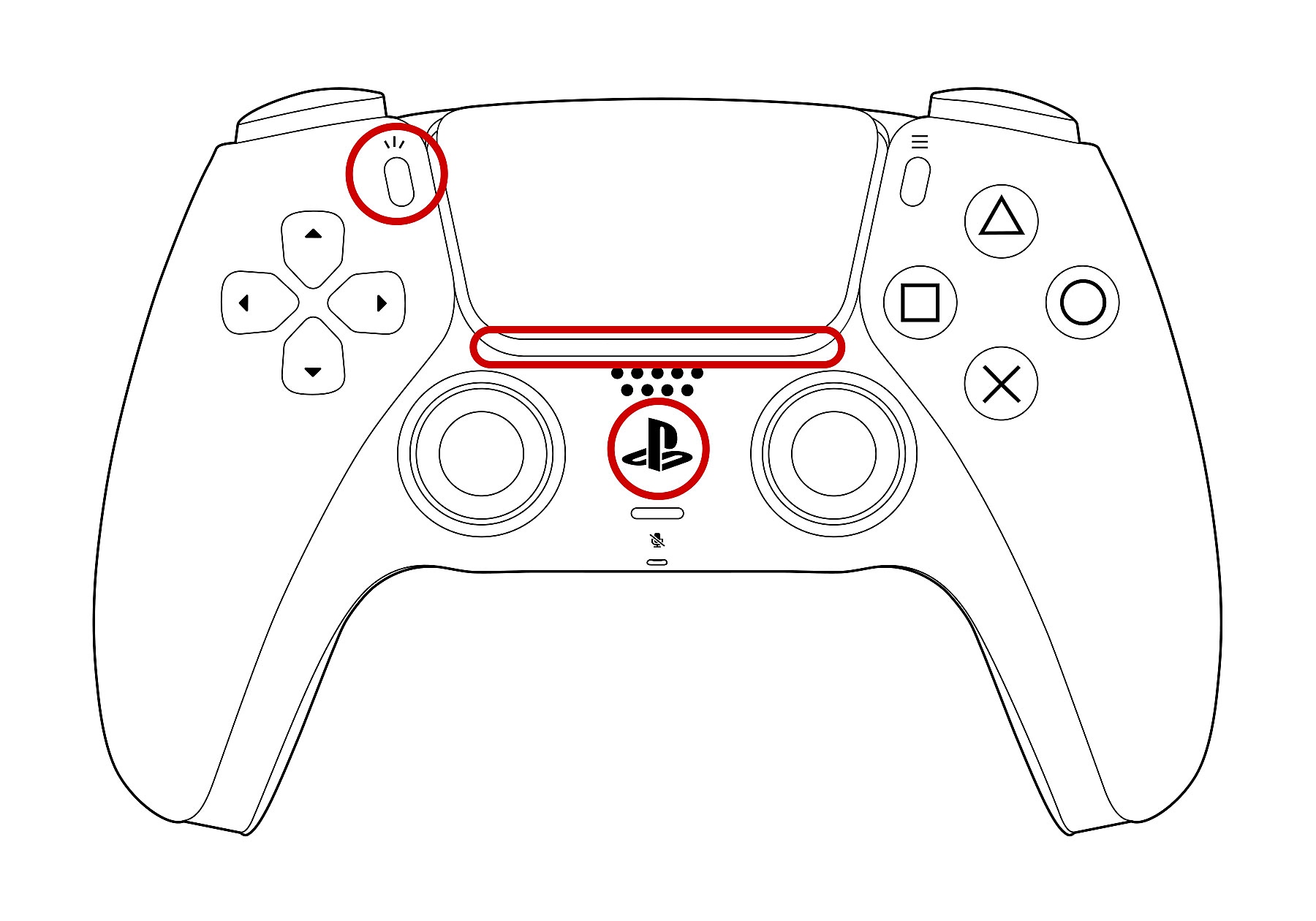 DualSense 무선 컨트롤러의 앞면으로, 표시등, PS 버튼 및 만들기 버튼에 동그라미 표시가 되어있습니다.