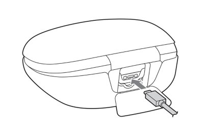 Carrying case with rear flap open and USB cable being inserted.