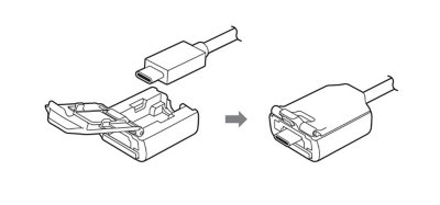 Det medfølgende USB Type-C-kabel er placeret i stikhuset, og låget er lukket.