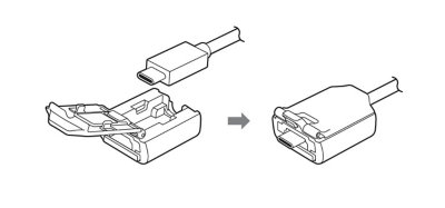 Le câble USB Type-C fourni est inséré dans le boîtier du connecteur et le couvercle du logement est fermé.