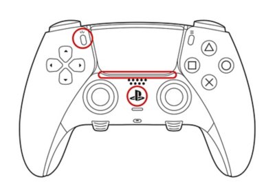 Visão frontal do controle sem fio DualSense Edge com a luz indicadora, o botão PS e o botão Criar circulados.