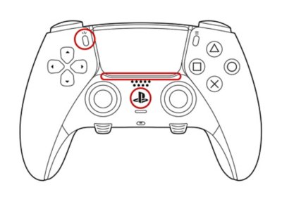 Vooraanzicht van de DualSense Edge draadloze controller met het indicatielampje, de PS-toets en de Maak-toets omcirkeld.