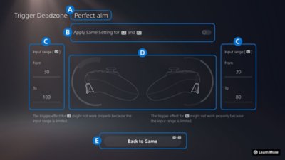 Interface de usuário do PS5 mostrando opções de zona inativa do gatilho.
