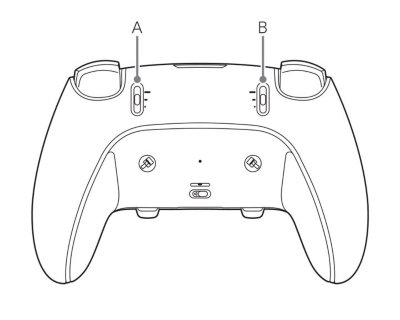 R2 and L2 stop sliders on the back of the DualSense Edge wireless controller.