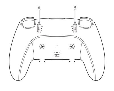 DualSense Edge kablosuz kontrol cihazının arkasında bulunan R2 ve L2 durdurma sürgüleri.