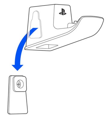 Side view of the charging hanger and mounting plate. An arrow indicates the keyhole on the charging hanger being slid onto the mounting stem on the plate from above.  