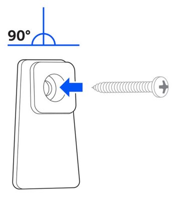 Side view of the mounting plate against a vertical surface with an icon showing it is level. An arrow indicates a screw being inserted into the opening at the top of the mounting plate.