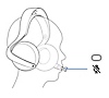 عرض لسماعة الرأس يظهر الميكروفون ممددًّا. نص تفسيري يظهر زر كتم الصوت على الميكروفون.
