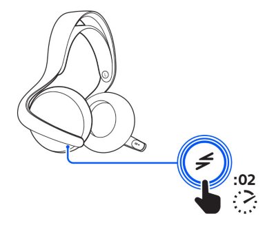 Vue du casque-micro. Un repère indique que l'utilisateur appuie sur la touche PS Link du casque-micro pendant deux secondes. L'indicateur d'état du casque-micro clignote, puis reste fixe une fois la connexion à l'adaptateur établie.