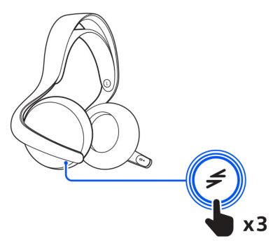 Visning af headsettet. En billedforklaring viser, at der trykkes på PS Link-knappen 3 gange.