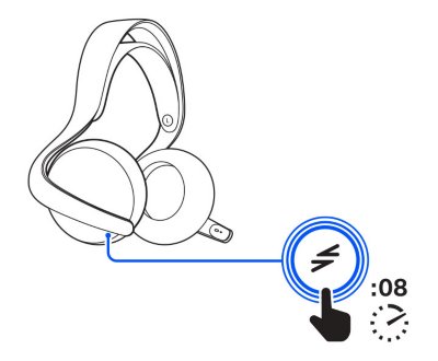 Front view of the headset, and a callout showing an enlarged PS Link button, and a hand with a stopwatch icon indicating to press for 8 seconds.