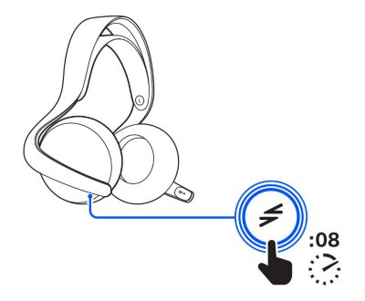 Vue de face du casque-micro avec un repère désignant une touche PS Link agrandie et une icône de main tenant un chronomètre indiquant la nécessité d'appuyer sur la touche pendant huit secondes.