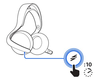 Vue du casque-micro avec un repère désignant une touche PS Link agrandie et une icône de main tenant un chronomètre illustrant la nécessité d'appuyer sur la touche pendant 10 secondes.