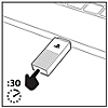 已插入電腦的PS Link USB轉換器的俯視圖，以及帶有計時器圖示指示要按住30秒的一隻手。
