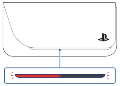 Front view of the closed charging case and a callout of the status indicator. The indicator is shown blinking.