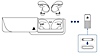 Visão frontal do estojo carregador aberto com os dois fones de ouvido sobre o estojo. Visão superior do adaptador USB PS Link com uma legenda do indicador de status. O indicador de status no adaptador pisca e, em seguida, fica contínuo quando conectado aos fones de ouvido. A conexão é mostrada como pontos entre os fones de ouvido e o adaptador.