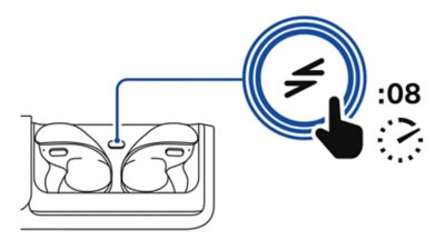 Vue de face du boîtier de chargement ouvert contenant les deux écouteurs, avec un repère désignant une touche PS Link agrandie et une icône de main tenant un chronomètre illustrant la nécessité d'appuyer sur la touche pendant huit secondes.