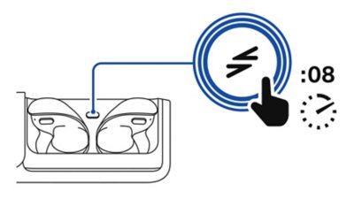 充電ケースを開いた状態の正面図。両方のイヤホン、PS Linkボタンの拡大図、8秒間長押しすることを示すストップウォッチアイコンと手がある。