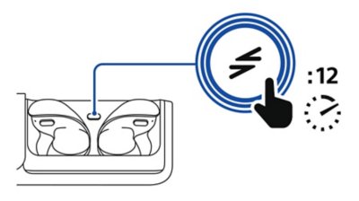 Vooraanzicht van het open oplaadetui met beide oordopjes, met aanduiding van een vergrote PS Link-toets en pictogram van een hand met stopwatch met de aanwijzing dat je de toets 12 seconden ingedrukt moet houden.