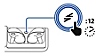 Vorderansicht des offenen Lade-Case mit beiden Ohrhörern und einer Beschriftung mit einer vergrößerten PS Link-Taste sowie einer Hand mit einem Stoppuhrsymbol, das anzeigt, dass 12 Sekunden lang gedrückt werden muss.