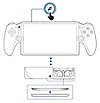 Front view of PS Portal, and a callout showing an enlarged PS Link button. Three vertical dots represent the connection between PS Portal and a front view of the open charging case with the earbuds docked and a callout of the status indicator. The indicator is shown blinking and then turning solid when connected.