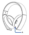 Front view of a Gold wireless headset with a callout labeled with the letter A, showing the location of the status indicator light.