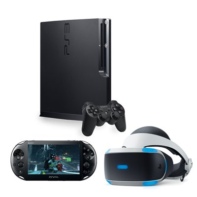 PlayStation 3 Console and controller, PS Vita, and PS VR headset