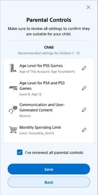 Screenshot of the PS Family app home screen. The top of the screen displays the child's name. Below are buttons labeled 'Allowed Games' and 'Communication Allowed'. Further down, there is a list of settings: 'Parental Controls', 'Playtime Settings', 'Privacy Settings', 'Linked Services', and 'Authorized apps'.