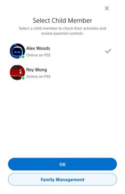 Screenshot of the PS Family app home screen. At the top of the screen, the child's name is displayed. To the right of the child's name, the controls icon is highlighted.