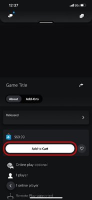 PS App中PlayStation Store的游戏详情页面，其中已选中“添加到购物车”按钮。
