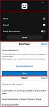 Interfejs użytkownika PS App pokazujący, jak zgłosić profil.