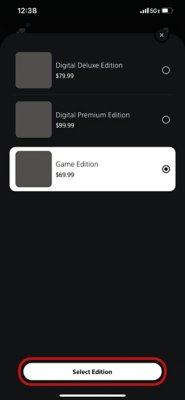 Game detail page of PlayStation Store on PS App with the edition selection menu selected.