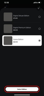 Pagina met gamedetails in de PlayStation Store in de PS App met het menu voor versieselectie geselecteerd.