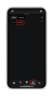 Écran de la PS App avec l’icône de la bibliothèque de jeux sélectionnée dans la barre de menu inférieure, et l’option Acheté sélectionnée en haut de l’écran.