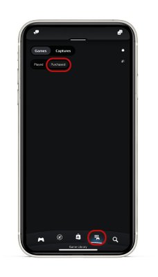 PS App screen with the Games Library icon selected on the bottom menu bar, and the Purchased option selected at the top of the screen.